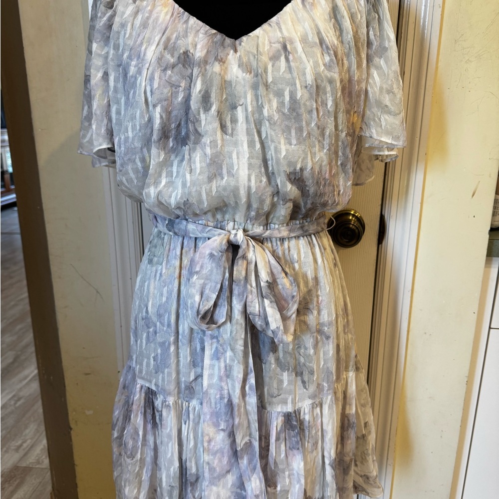 Rebecca Taylor Soft Gray and Purple Midi Dress made of luxurious silk.